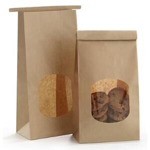100pcs Bakery Bags with Window, Tin Tie Tab Paper Bags- Brown